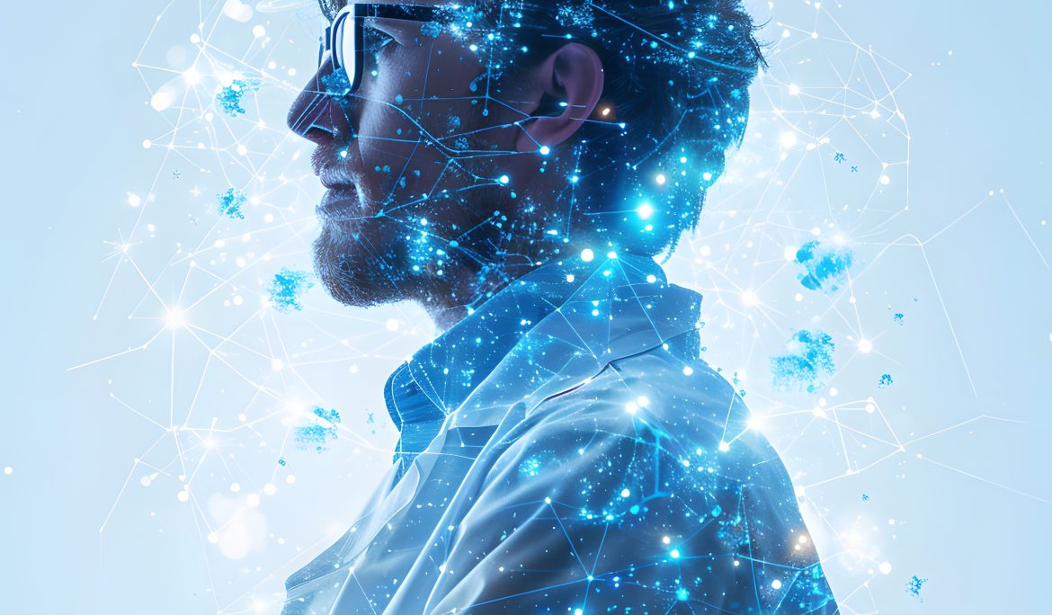 Man surrounded by digital AI particles symbolizing innovation and connected intelligence.