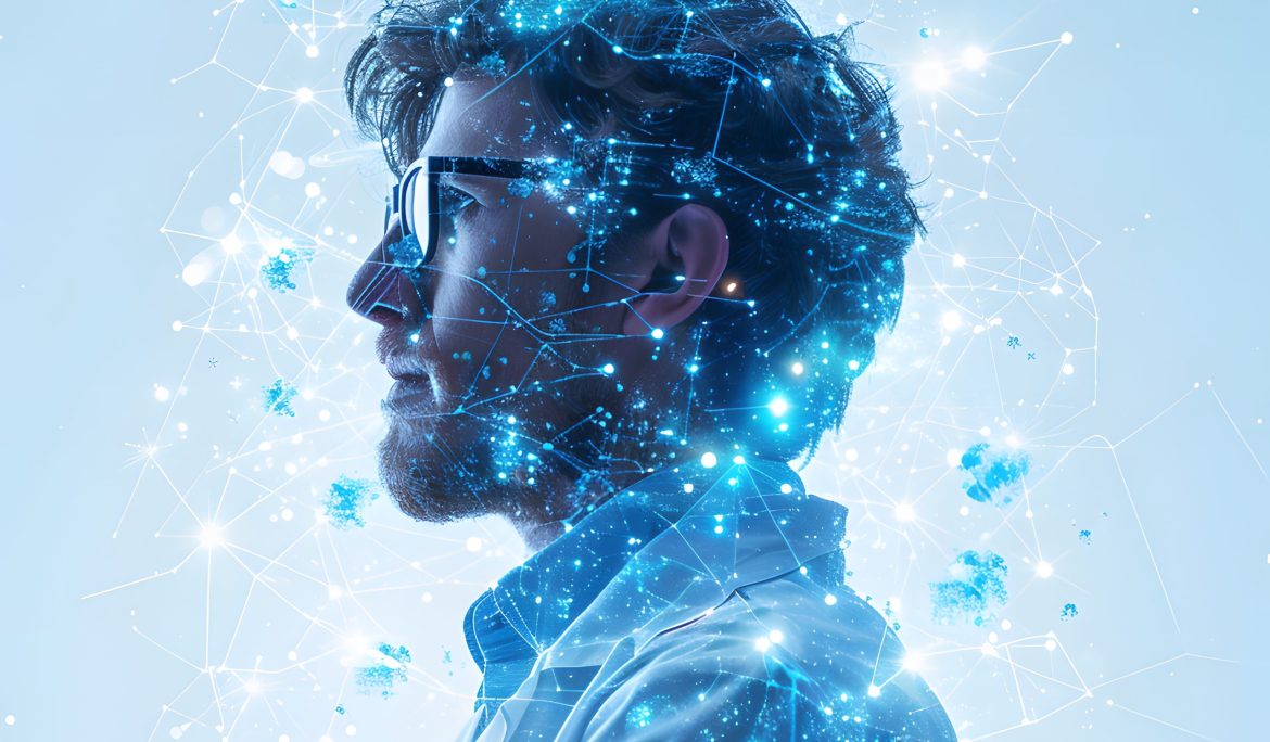 Man surrounded by digital AI particles symbolizing innovation and connected intelligence.