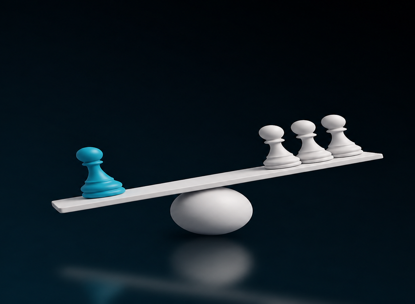 White and blue pawns balanced on a seesaw over a sphere on dark background.