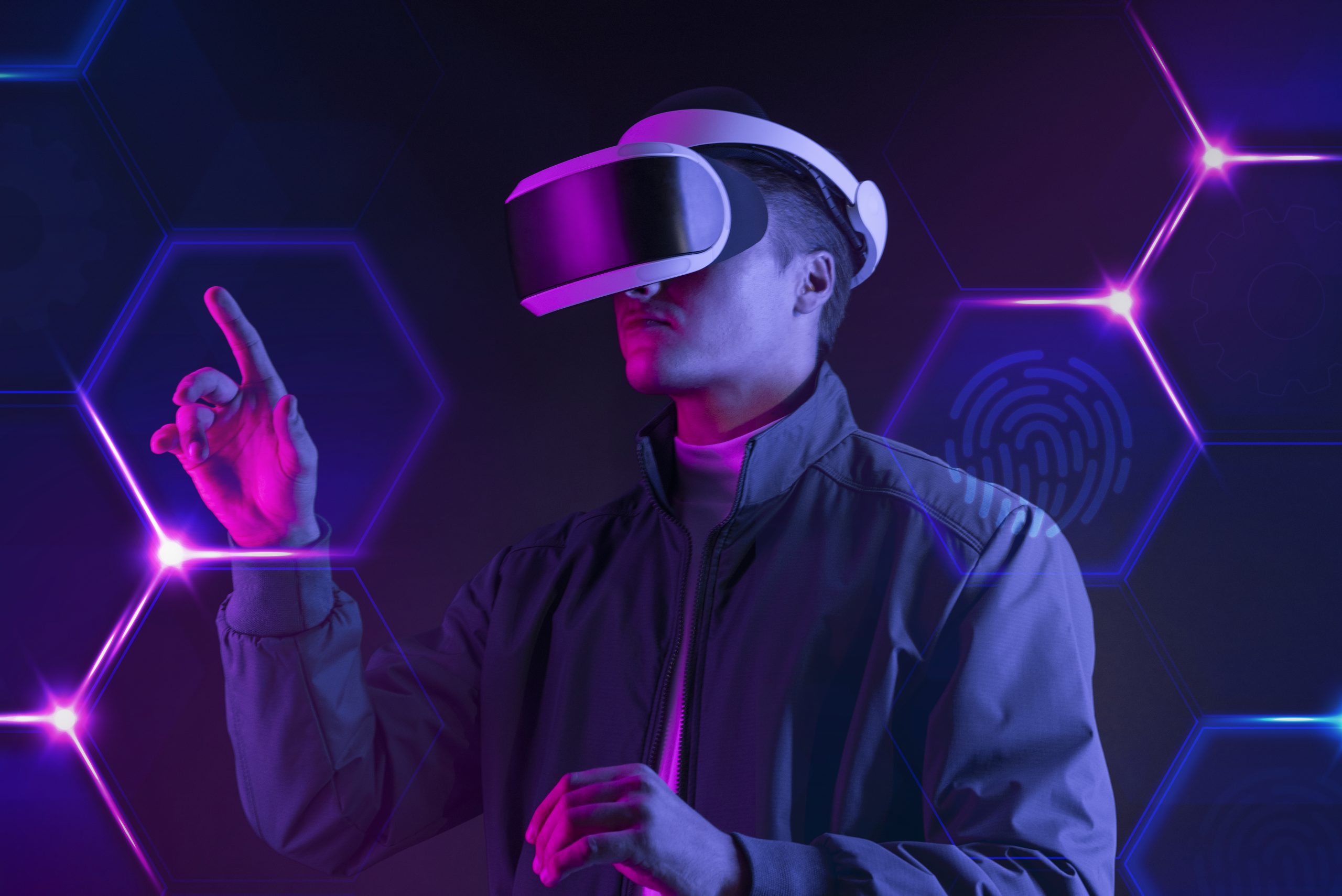 erson using VR headset, interacting with digital interface.