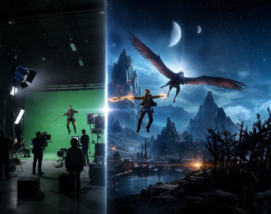 Split-screen: film studio on left, fantasy VFX scene on right.
