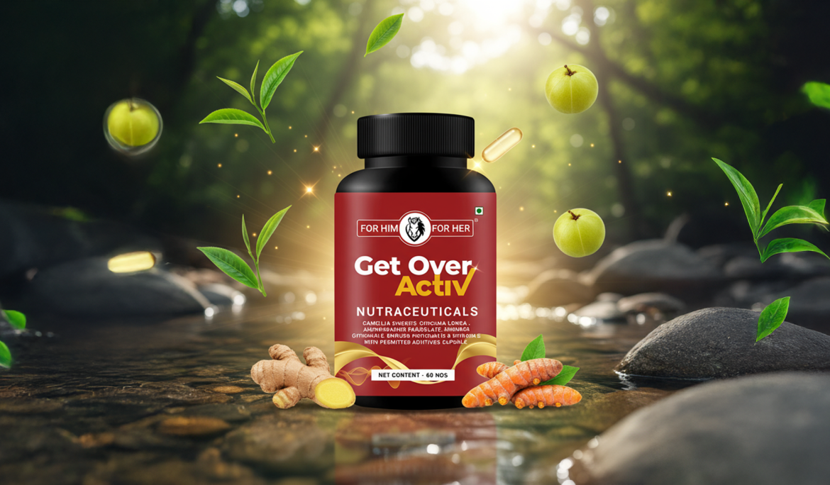 supplement bottle with natural ingredients like ginger and turmeric