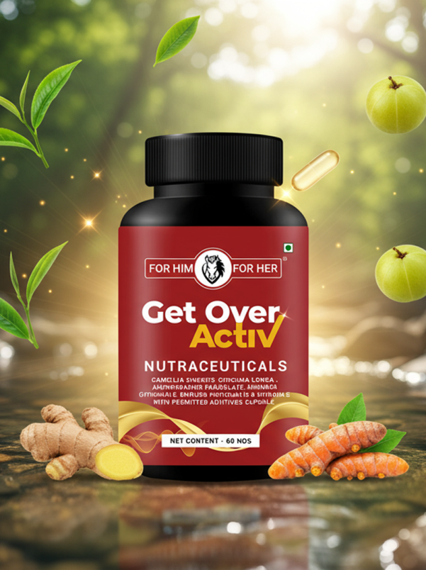 supplement bottle with natural ingredients like ginger and turmeric