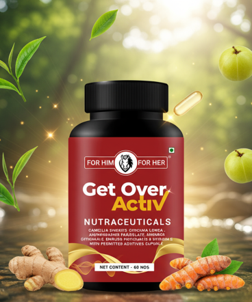 Get Over Activ Nutraceuticals – Natural Recovery & Wellness Formula supplement bottle with natural ingredients like ginger and turmeric