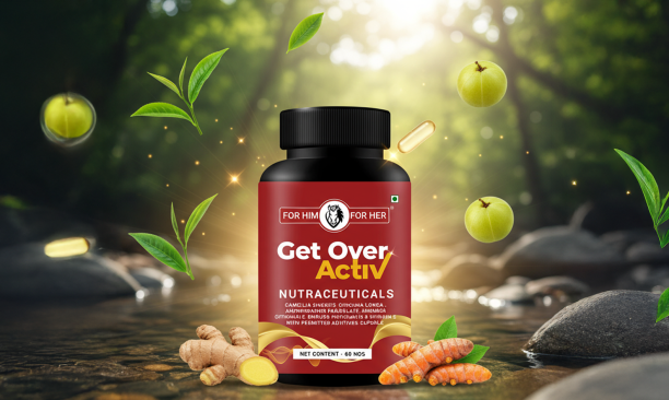 supplement bottle with natural ingredients like ginger and turmeric