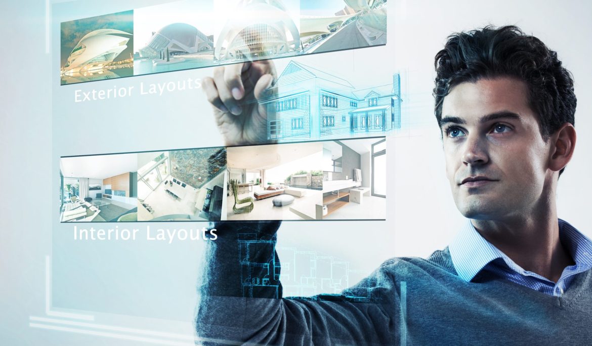 Man using futuristic digital interface with animated architectural motion graphics.