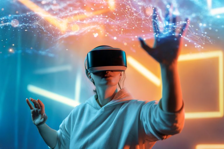 Teens testing a drone with VR in a robotics lab.