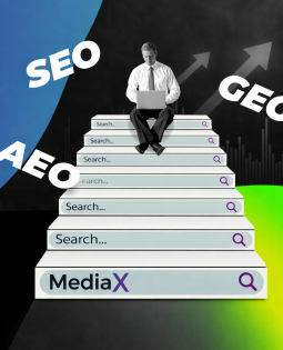 Illustration showing SEO, AEO, and GEO as layered search steps leading to AI-driven visibility