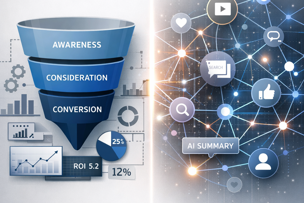 Traditional funnel versus AI-driven discovery network.