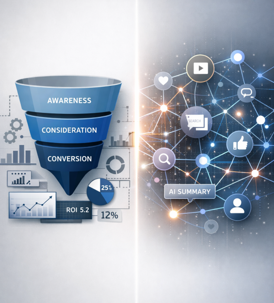 Traditional funnel versus AI-driven discovery network.