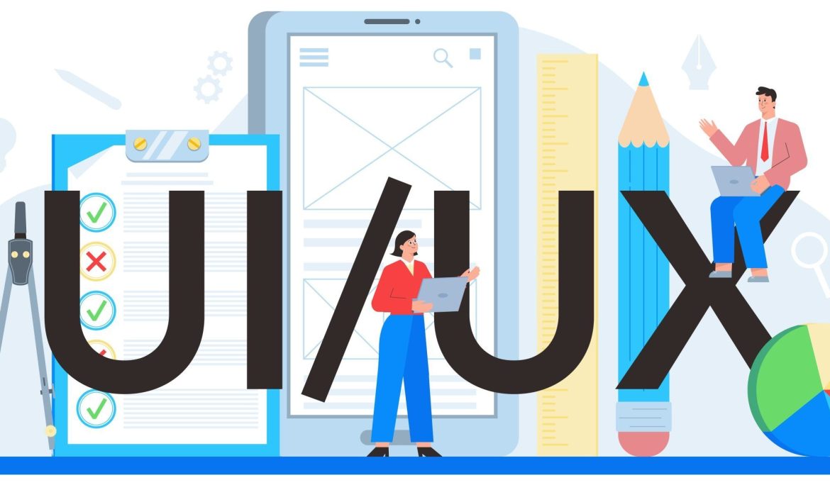 Illustration of UI/UX design concept with large UI UX text and designers.