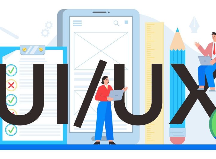 Illustration of UI/UX design concept with large UI UX text and designers.
