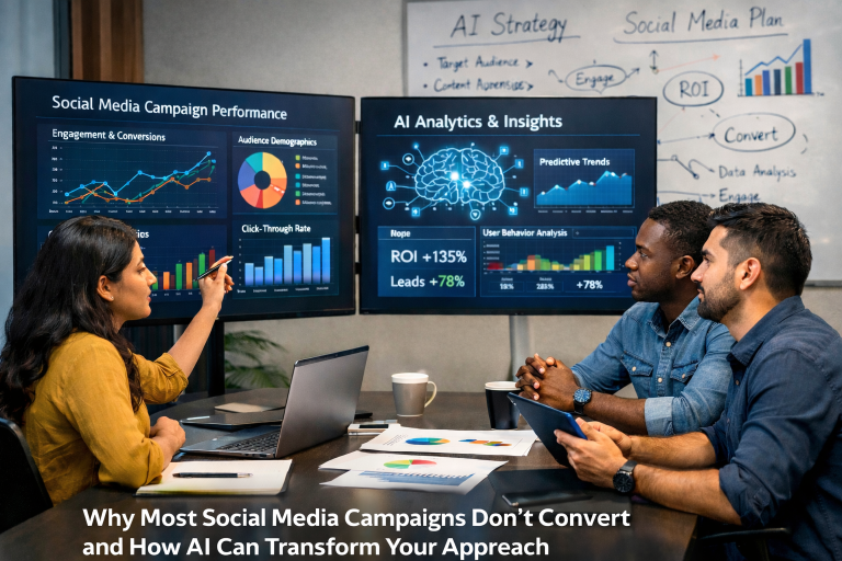 Diverse team analyzing AI-powered social media campaign data.