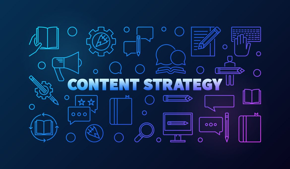 Content strategy concept illustration with marketing and communication icons