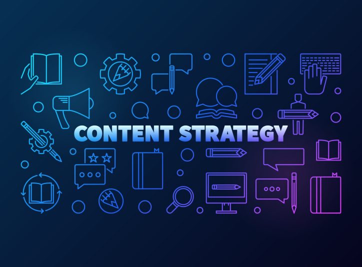 Content strategy concept illustration with marketing and communication icons