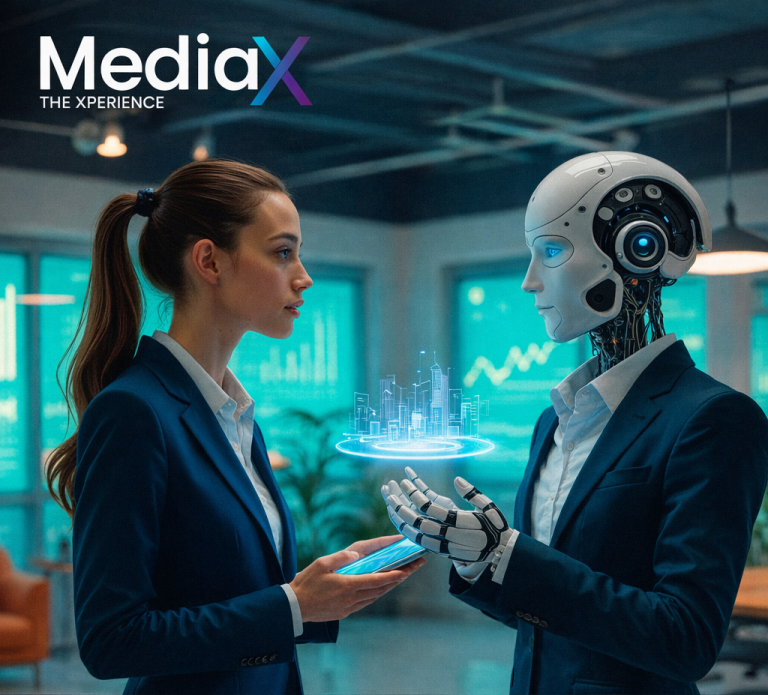 Businesswoman and humanoid robot facing each other with a holographic city between them.