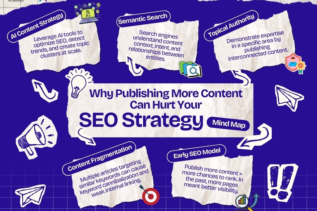 Infographic on how publishing more content hurts SEO, featuring AI strategy, semantic search, and topical authority