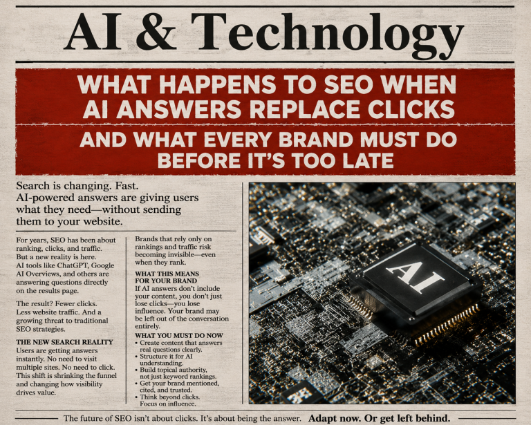 Newspaper-style AI & Technology page about SEO changing as AI answers replace clicks.