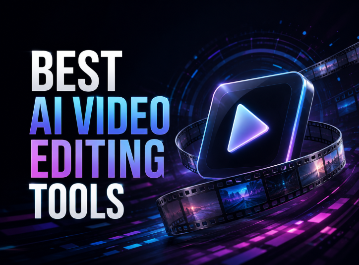 Best AI video editing tools cover graphic with play button and film reel
